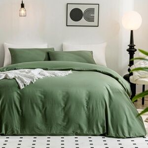 JELLYMONI 3 Piece Green Duvet Cover Set King Size - 100% Washed Cotton Linen